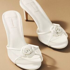 Black Suede Studio Fleur Mesh Rosette Mule Heels